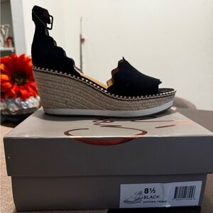 Crown Vintage Black Scalloped Espadrille Wedges